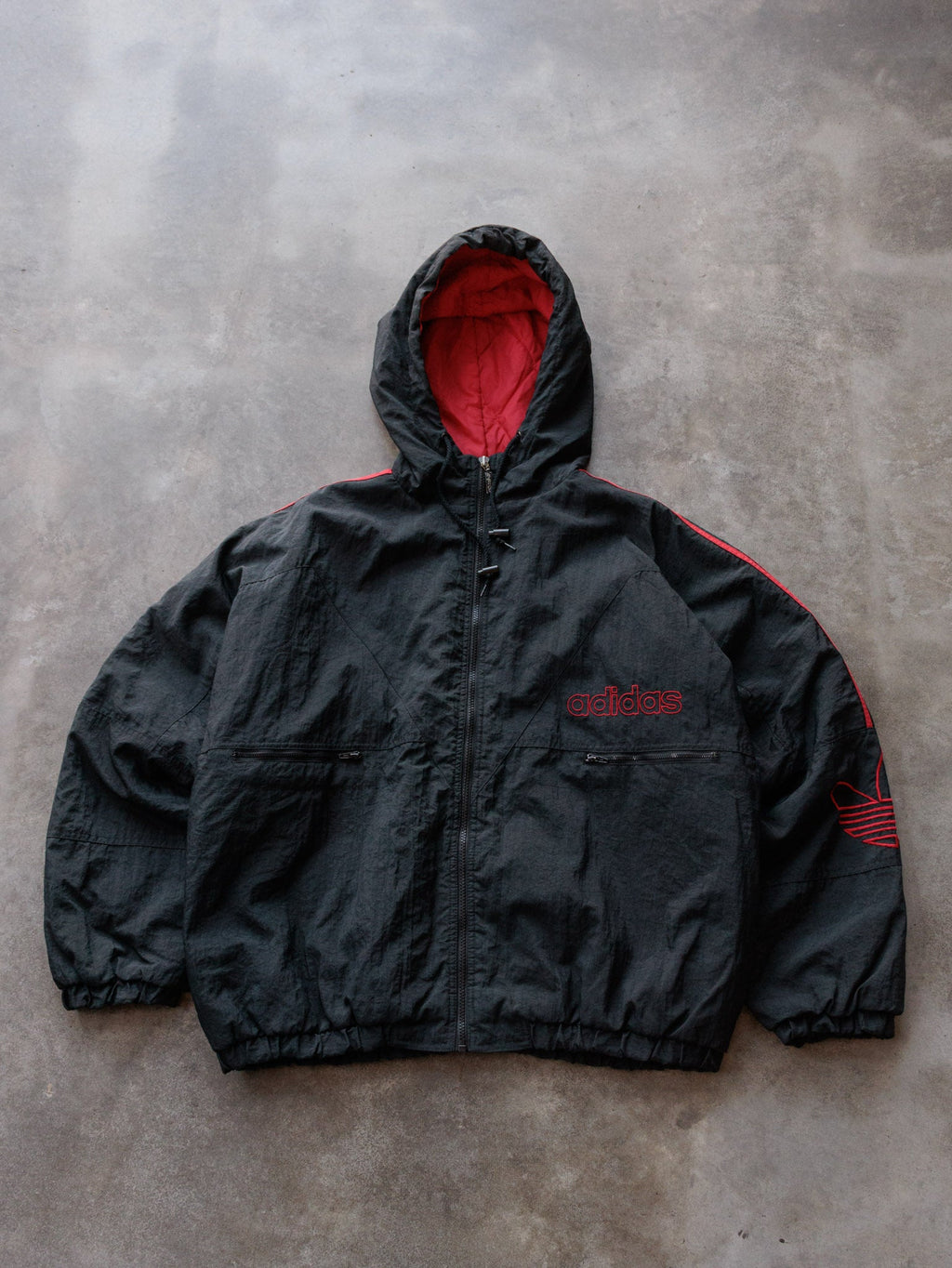 Vintage 90s Black Adidas Hooded Jacket (2XL)
