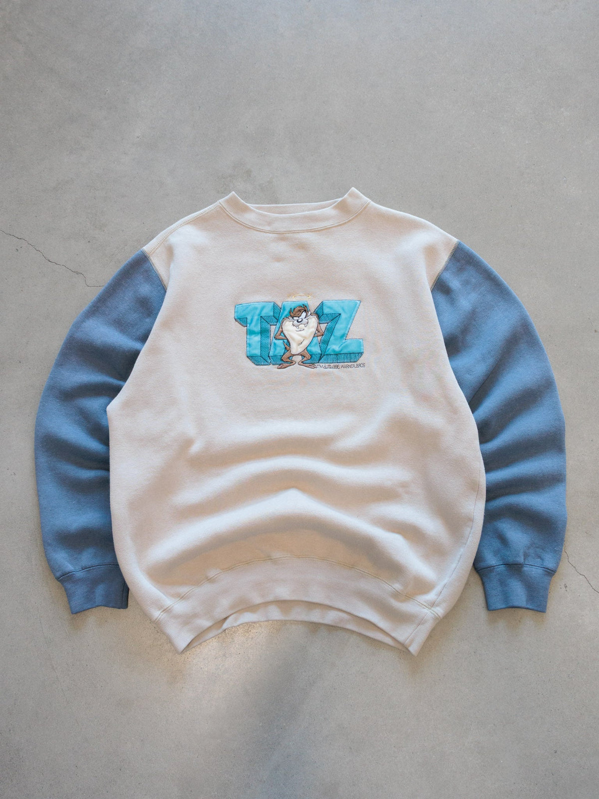 Vintage 1996 Beige Looney Tunes Taz Colourblock Sweatshirt (L)