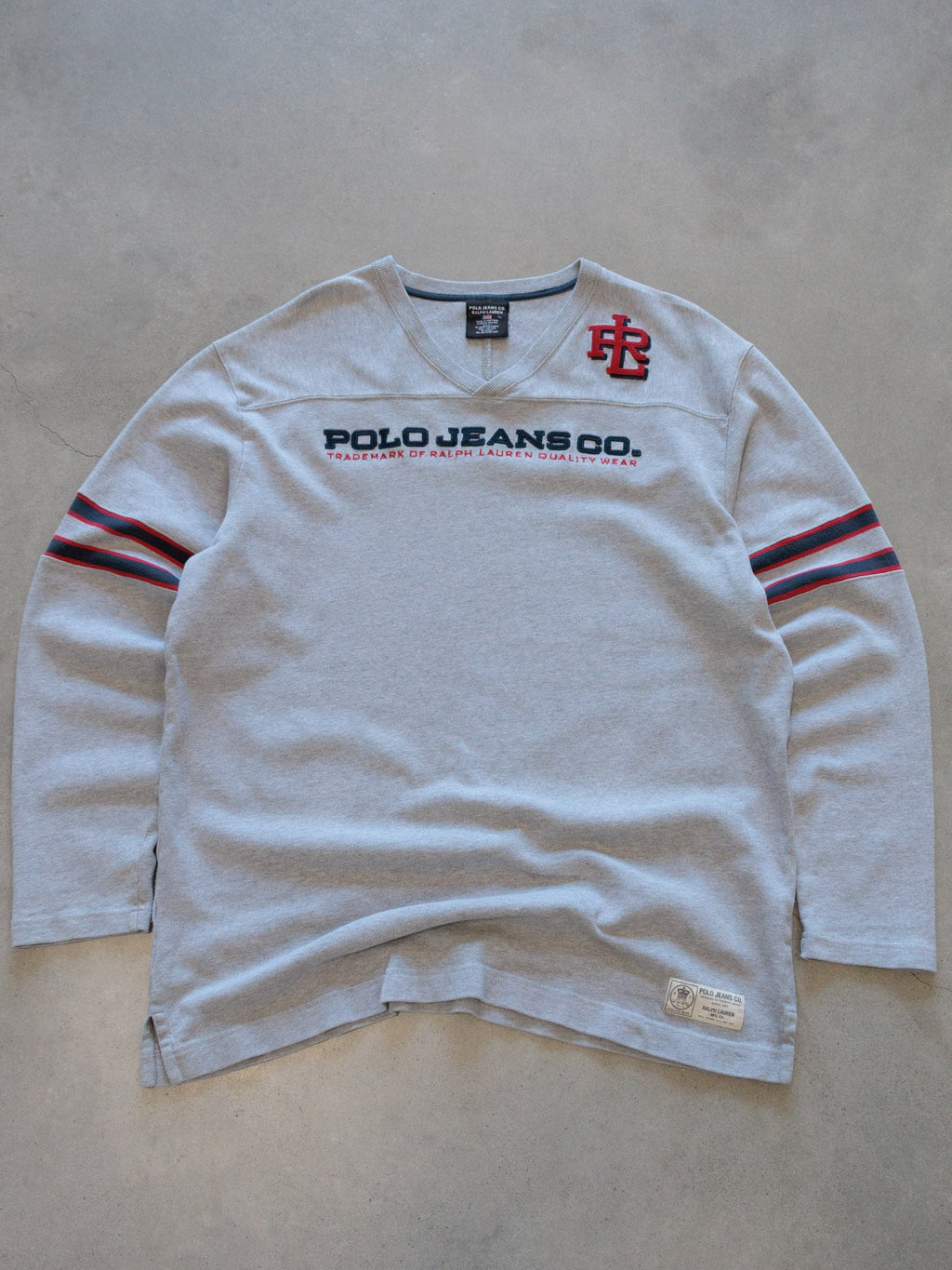 Vintage 00s Grey Polo Jeans Co. V-Neck Long Sleeve Tee (XL)