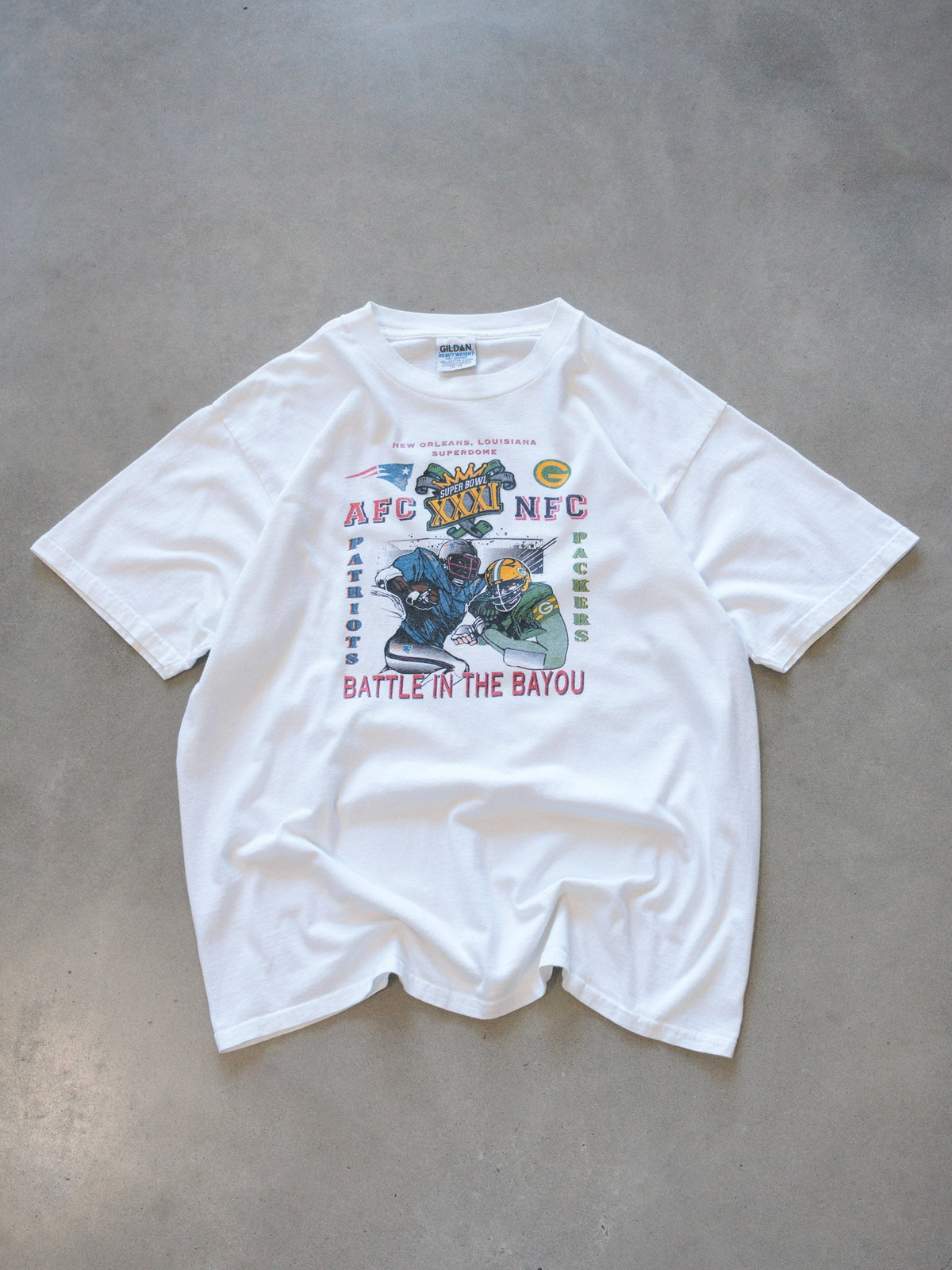 Vintage 1997 White Patriots & Packers Battle In The Bayou Tee (XL)
