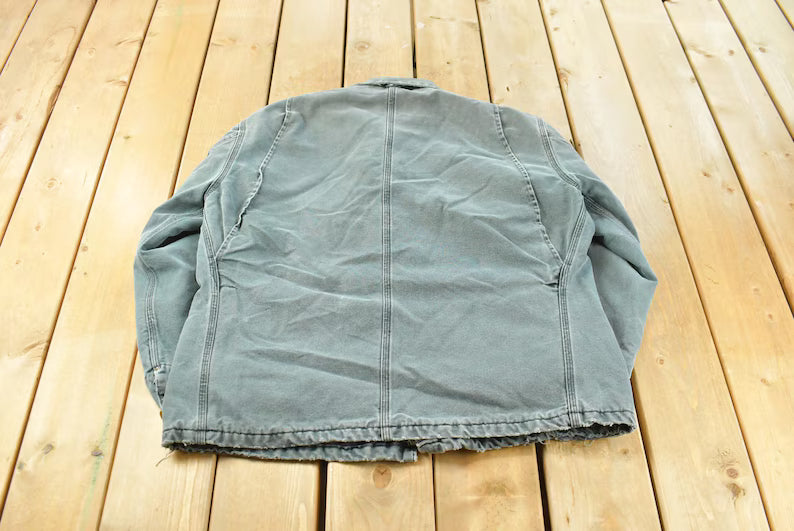 Vintage 1990s Carhartt Grey Blanket Lined Chore Barn Coat Jacket Men's XL / 90s Workwear / Outerwear / Distressed Sun Faded