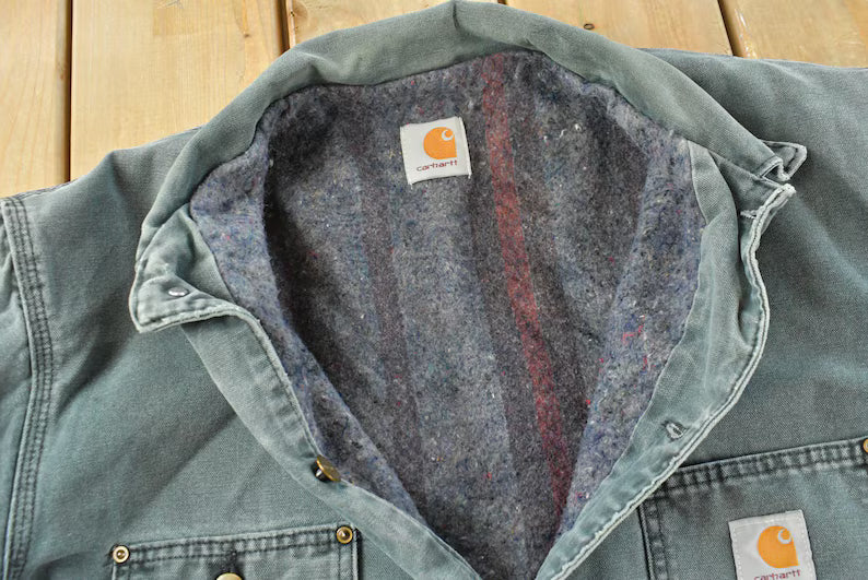 Vintage 1990s Carhartt Grey Blanket Lined Chore Barn Coat Jacket Men's XL / 90s Workwear / Outerwear / Distressed Sun Faded