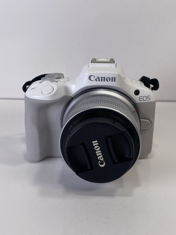 White Canon EOS R50 4K Video Mirrorless Camera with RF-S 18-45mm f/4.5-6.3